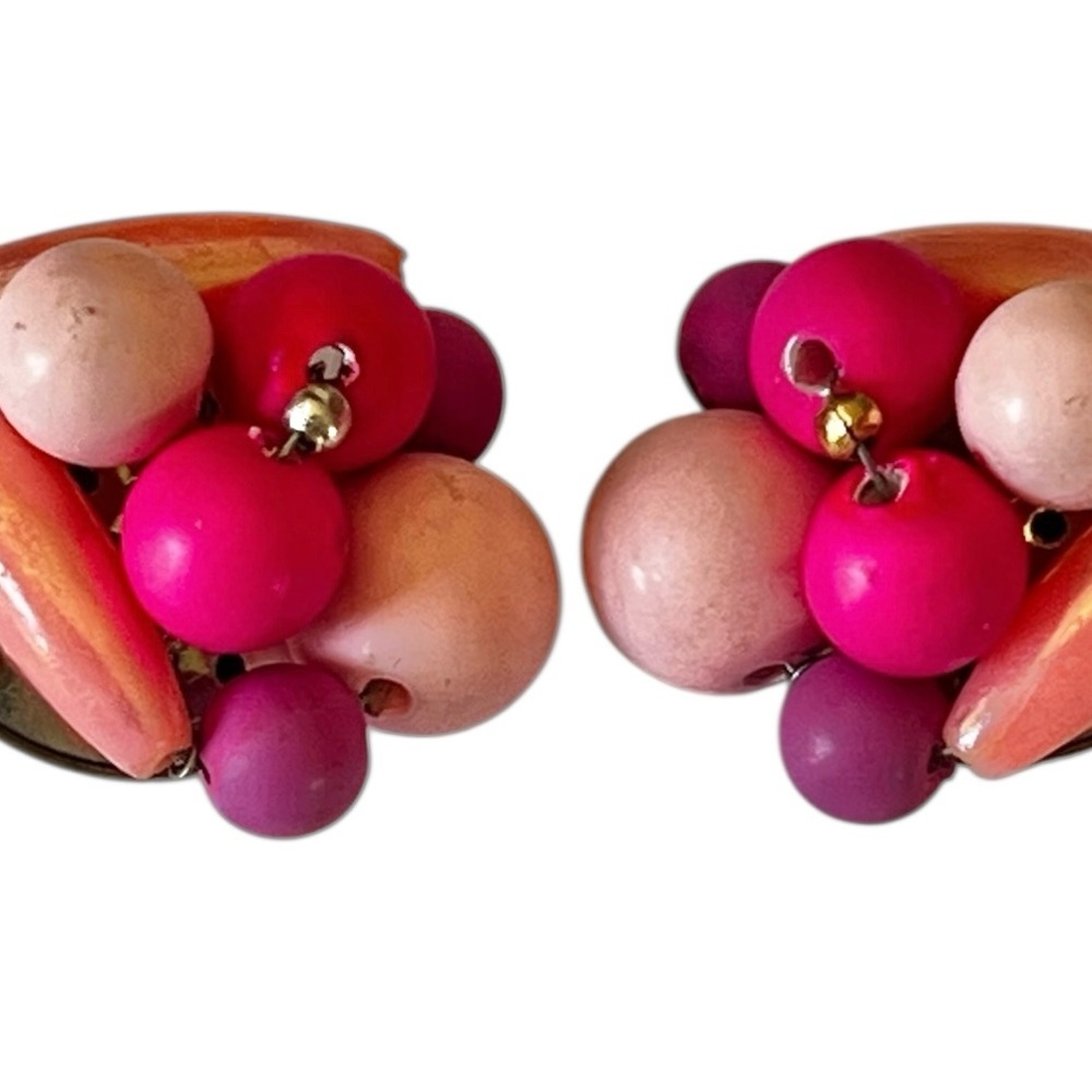 Vintage Clip-On Earrings Set Green w/ Faux Pearl & pink w/ Magenta Multicolor - Picture 3 of 15